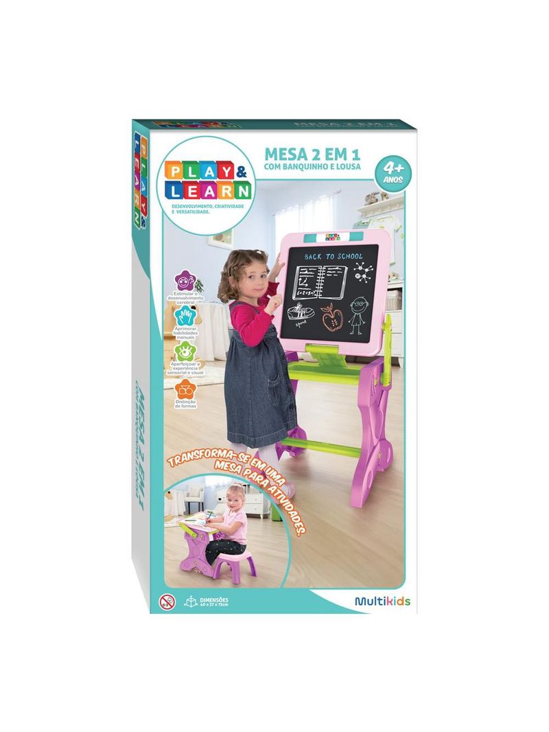 Play & learn mesa de atividades infantil 2 em 1 com banquinho e lousa multikids - br1766