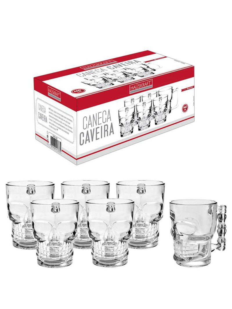 Caneca caveira 500ml vidro 6 peças hauskraft