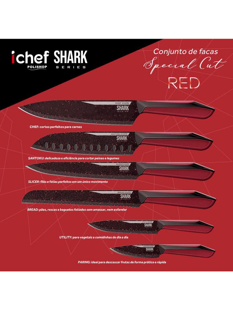 Conjunto de 6 facas polishop ichef special cut vermelha