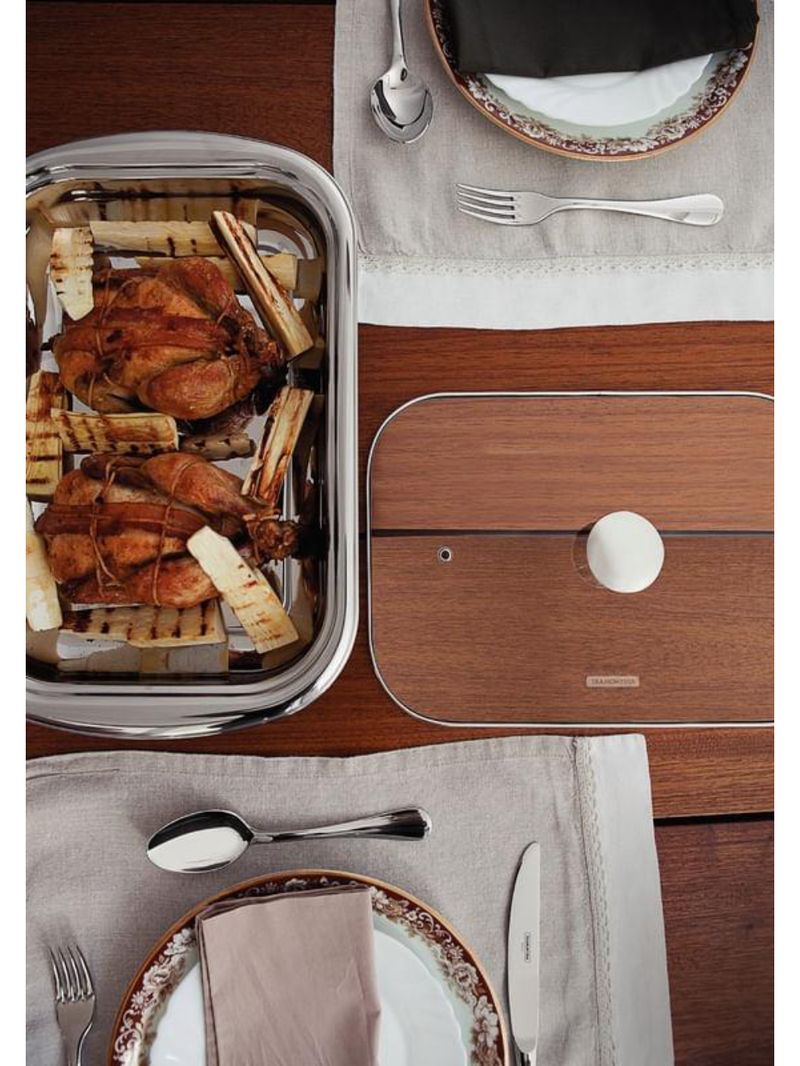 Assadeira tramontina cosmos retangular inox com tampa de vidro 43 cm 4 l