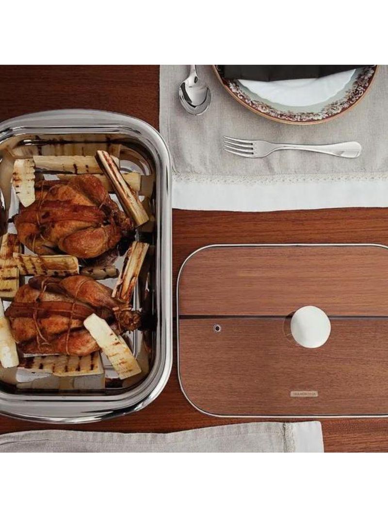 Assadeira tramontina cosmos retangular inox com tampa de vidro 39 cm 3,2 l