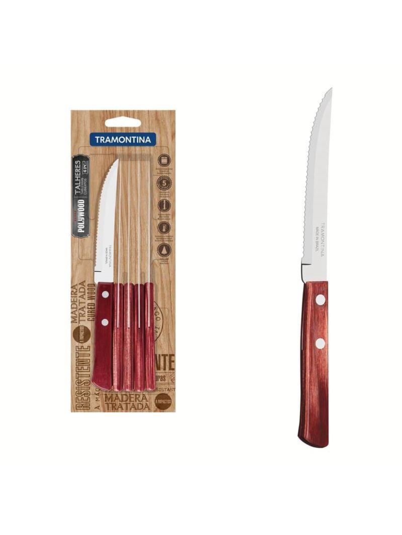 Conjunto faca churrasco inox 6 peças polywood vermelho tramontina