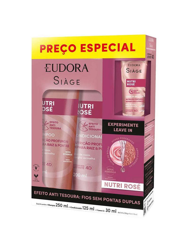 Eudora siage nutri rose kit shampoo + condicionador + leave-in