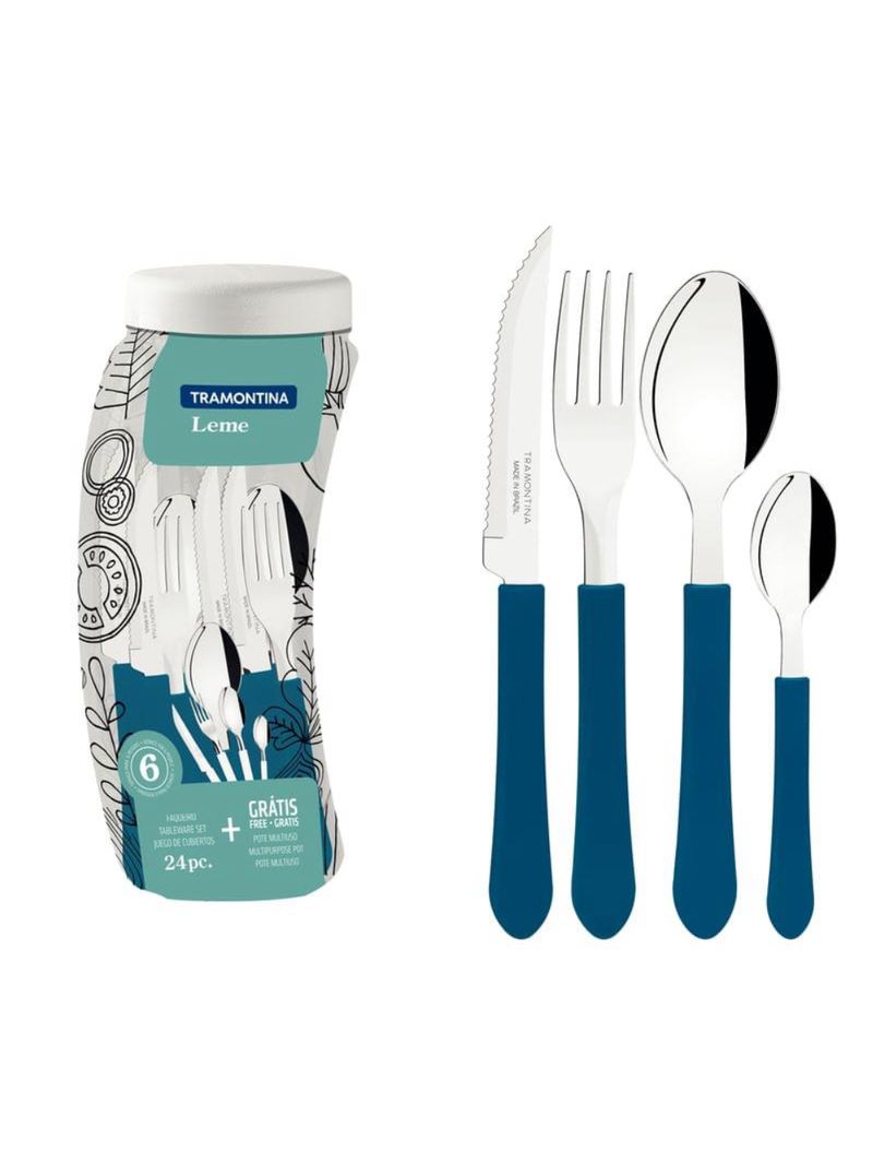 Faqueiro tramontina leme inox azul oceano com pote plástico 24 peças