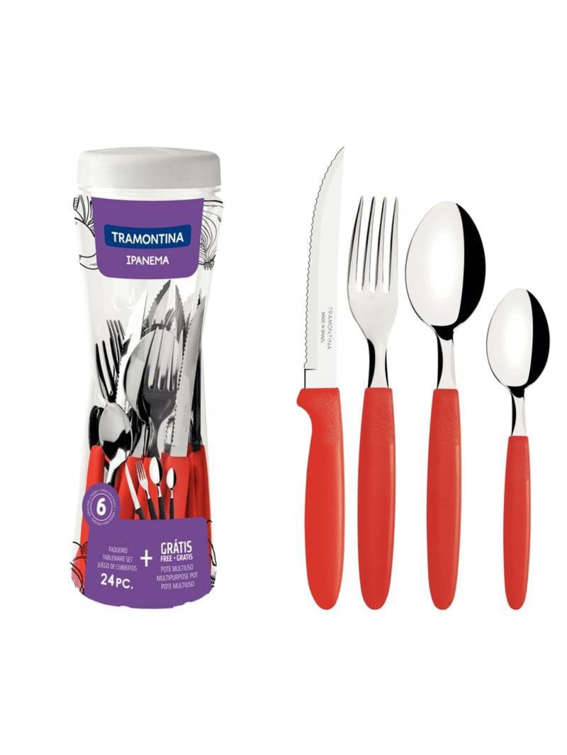 Faqueiro tramontina ipanema inox vermelho com pote plástico 24 peças
