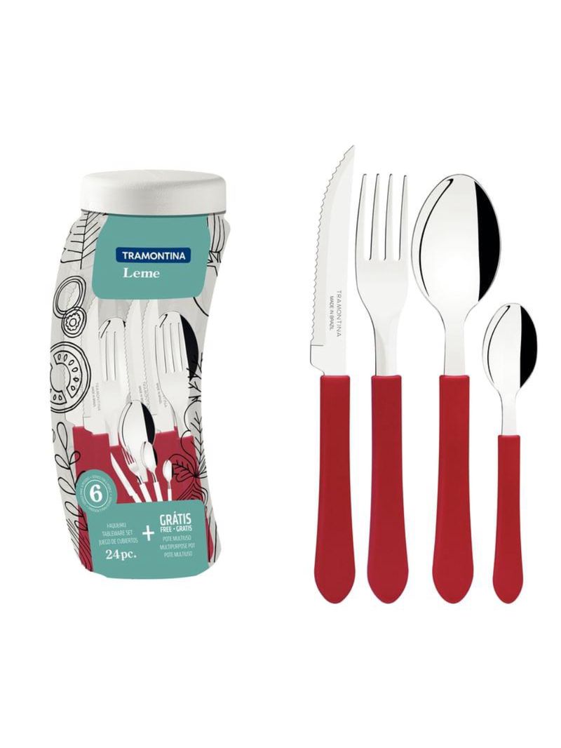 Faqueiro tramontina leme inox vermelho 24 peças com pote plástico