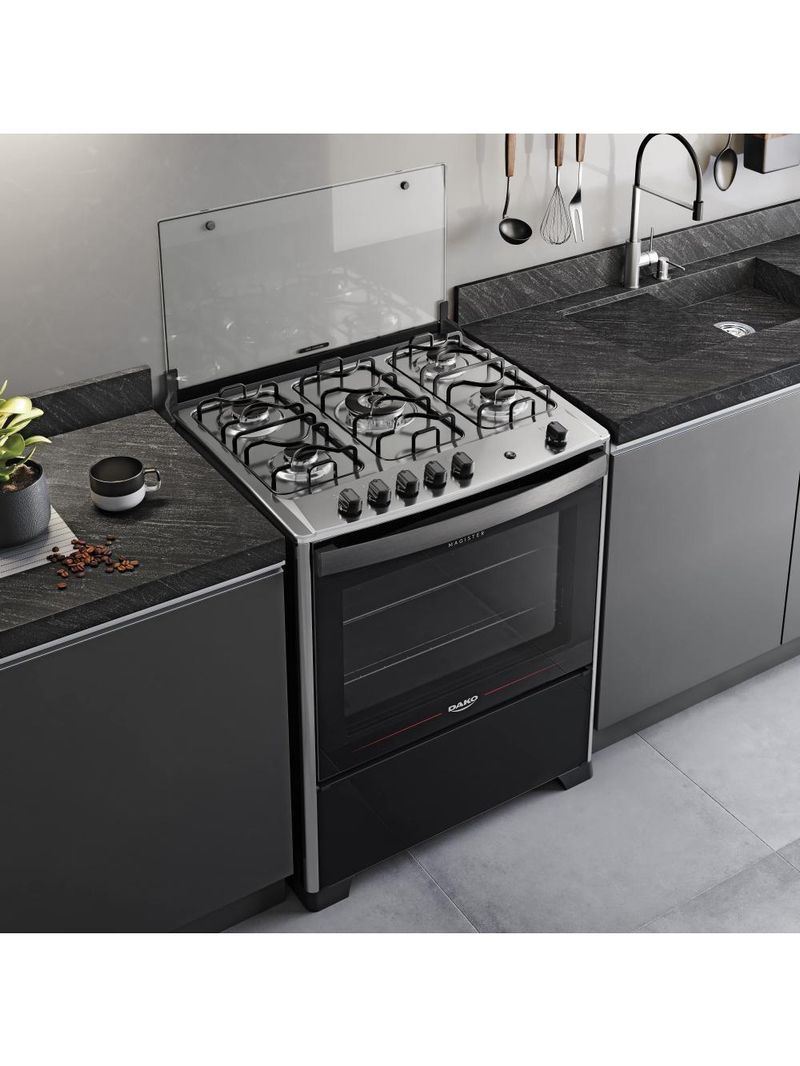 Fogão 5 Bocas Preto Com Mesa De Inox Dako Magister Bivolt