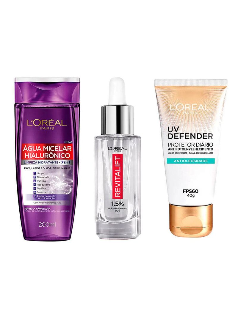 L'oréal paris kit - Água micelar + sérum + protetor solar antioleosidade fps 60