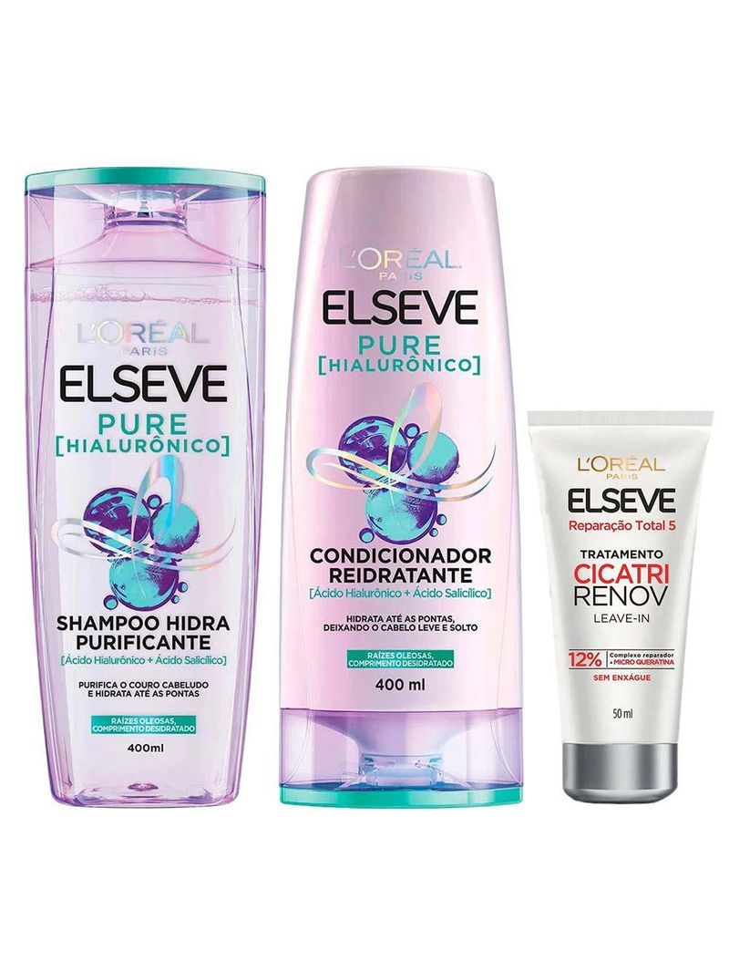 Elseve pure hialurônico kit – shampoo + condicionador + leave in tratamento cicatri renov
