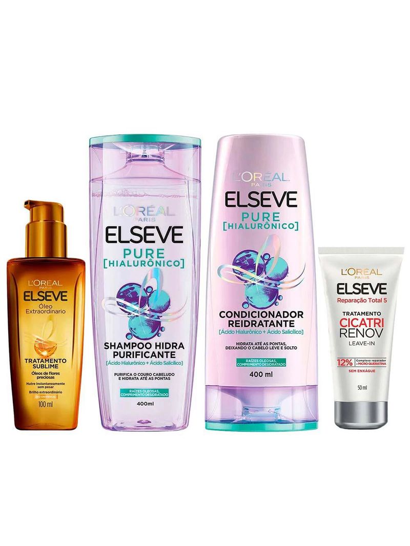 Elseve pure hialurônico kit – shampoo + condicionador + Óleo extraordinário + leave in tratamento