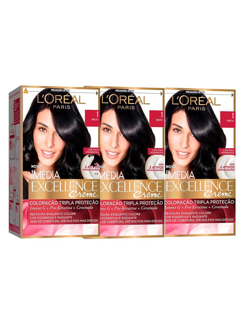 L'oréal paris coloração imédia excellence 1 preto kit - 3 unidades