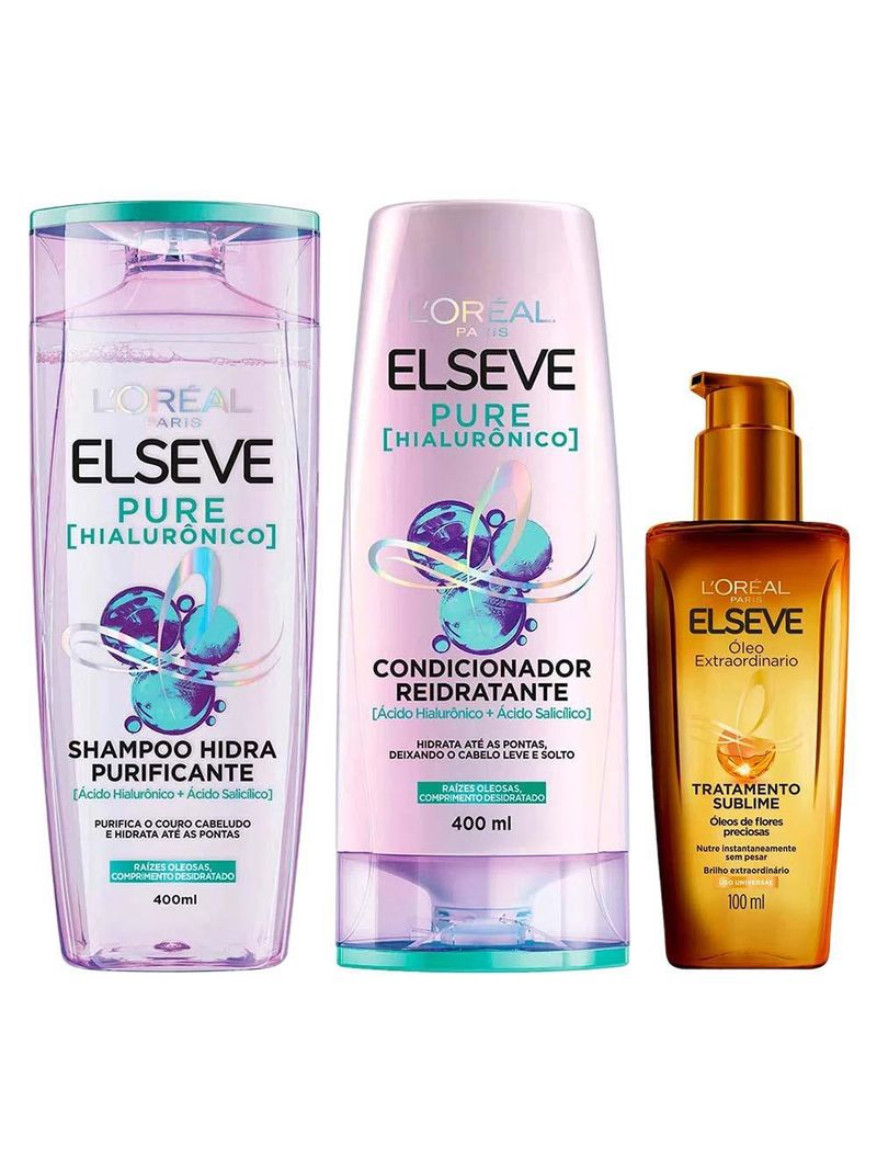 Elseve pure hialurônico kit – shampoo + condicionador + Óleo extraordinário