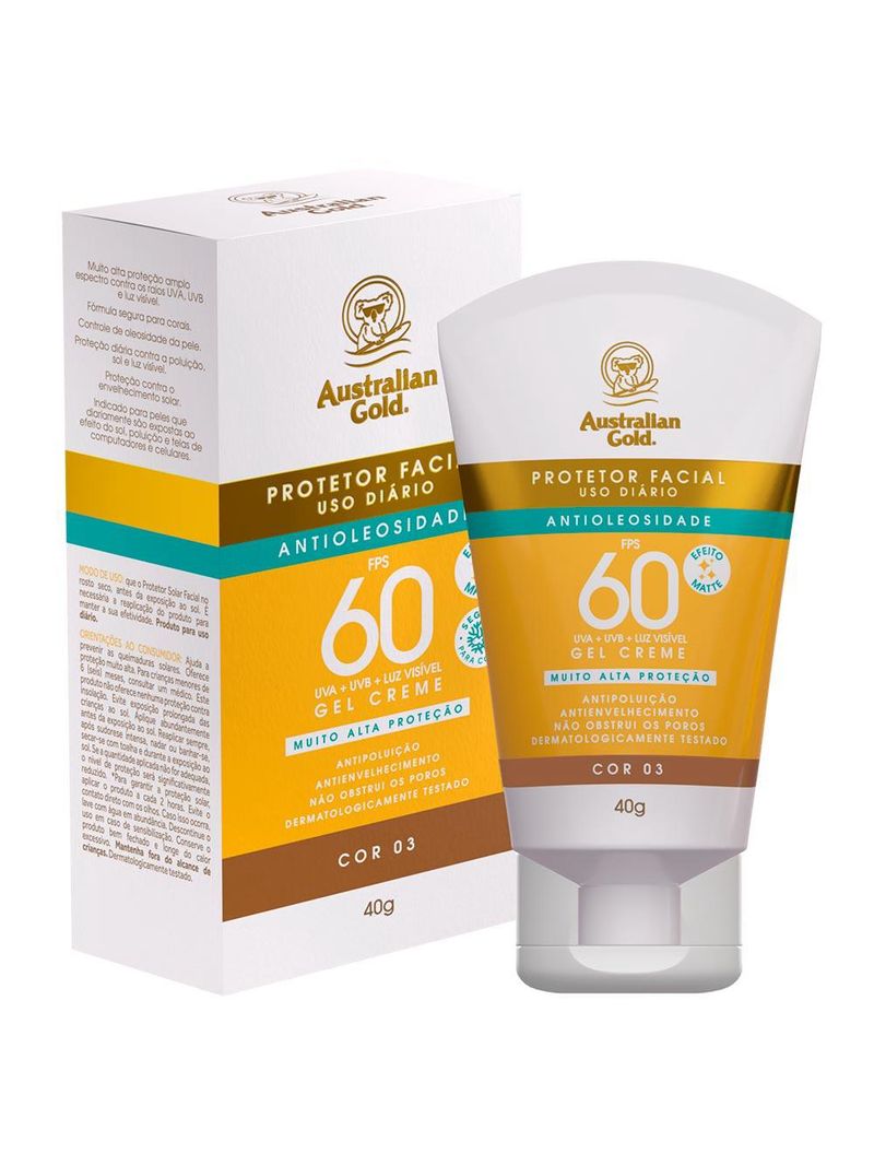 Protetor solar facial com cor gel creme australian gold