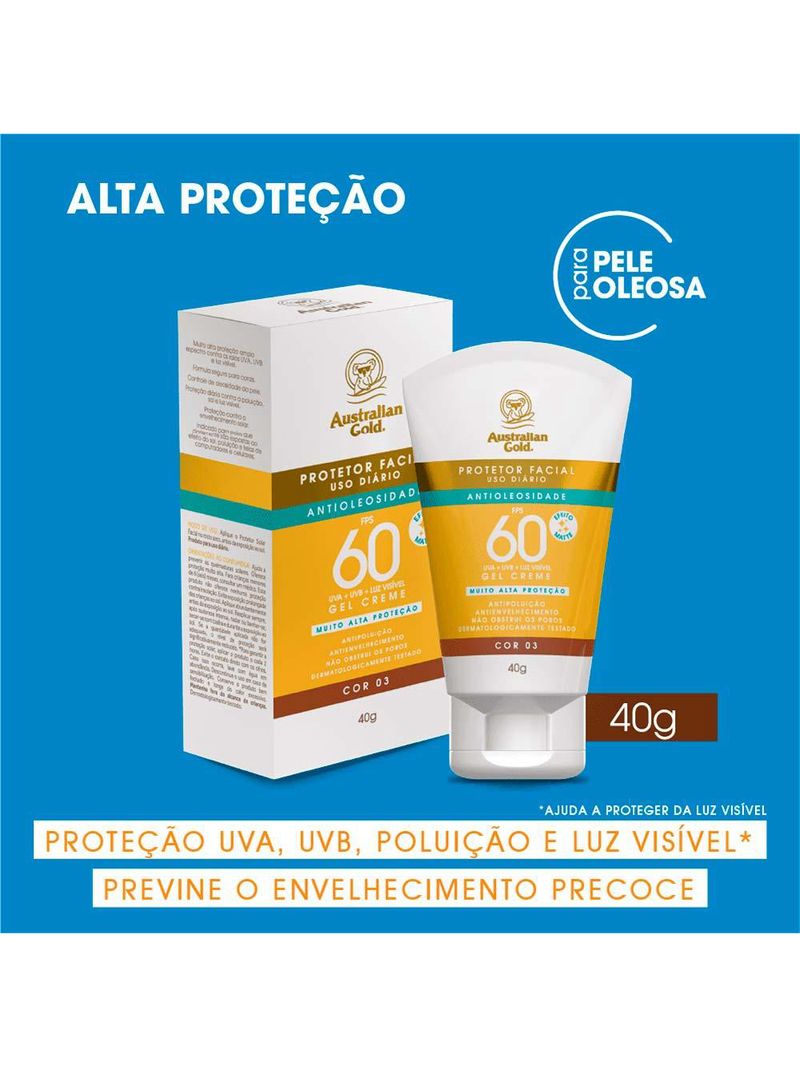 Protetor solar facial com cor gel creme australian gold