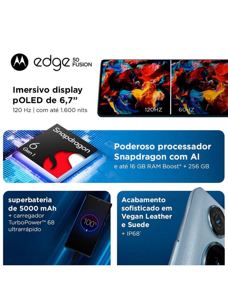 Smartphone motorola edge 50 fusion 5g pink 256gb, 8gb ram + 8gb ram boost, 50mp sony ai camera ip68 nfc