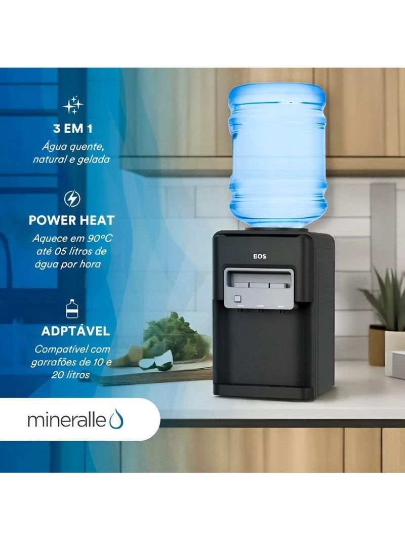 Bebedouro Agua Quente Natural E Gelada Eletrônico Preto Galão Mineralle EBE06QP 220V