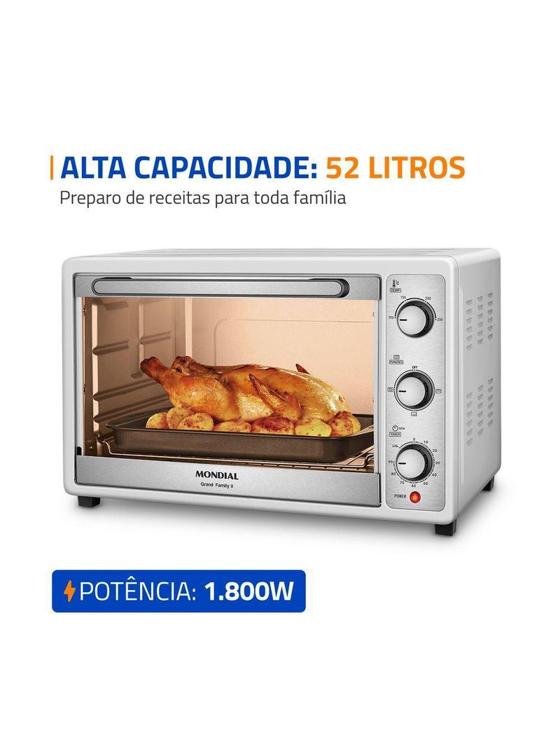Forno Elétrico Mondial 52L Grand Family II 1800W FRN-52-W Branco/Inox 110V