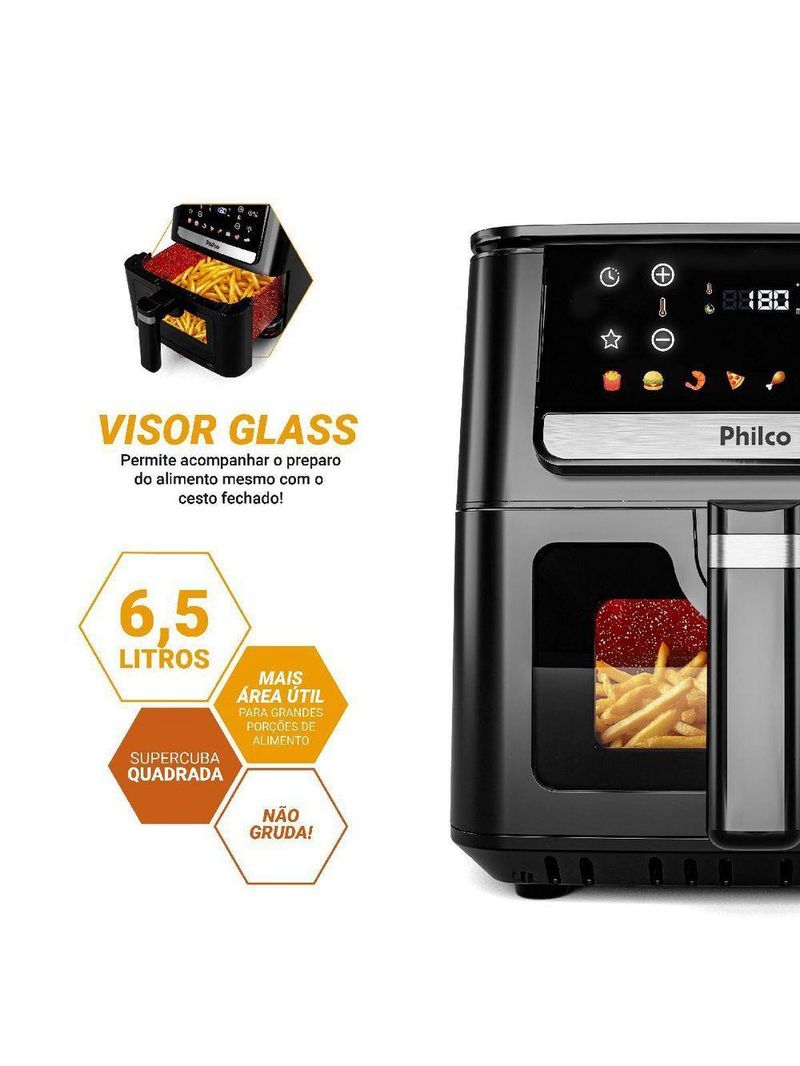 Air Fryer Philco 6,5L Visor Glass e Redstone PAF65A 220V