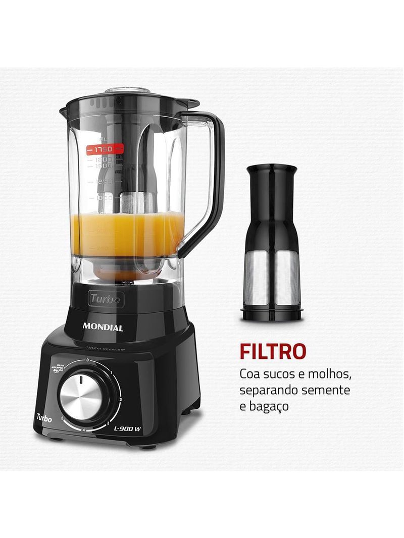 Liquidificador mondial turbo full black l900fb preto 900w com 5 velocidades