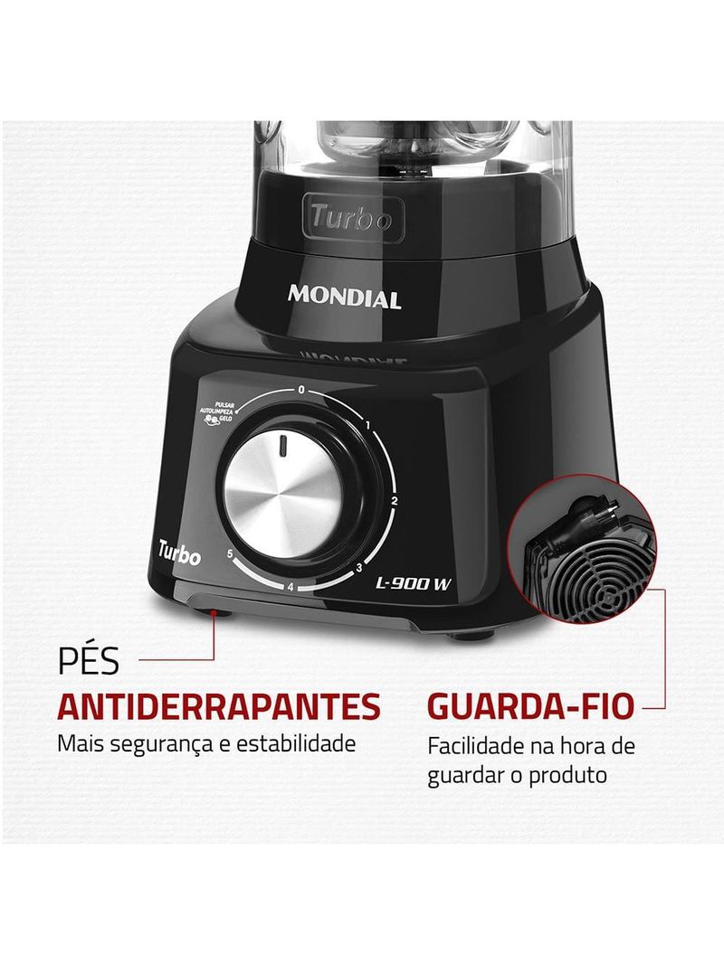 Liquidificador mondial turbo full black l900fb preto 900w com 5 velocidades