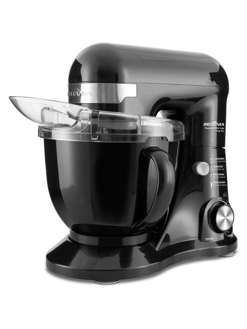 Batedeira planetária bbp760 turbo power plus 700w britânia 4,5l preta com 4 batedores 127v