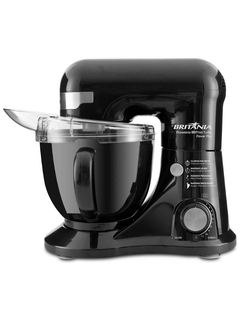 Batedeira planetária bbp760 turbo power plus 700w britânia 4,5l preta com 4 batedores 127v