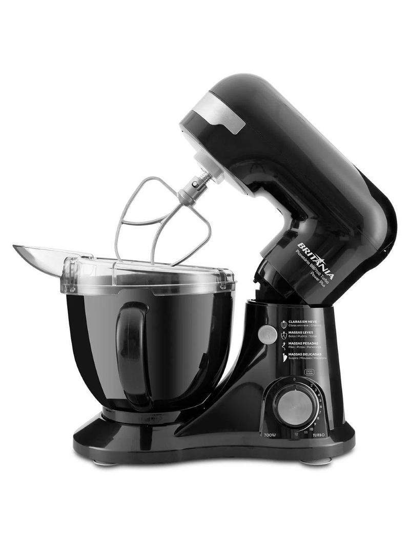 Batedeira planetária bbp760 turbo power plus 700w britânia 4,5l preta com 4 batedores 127v
