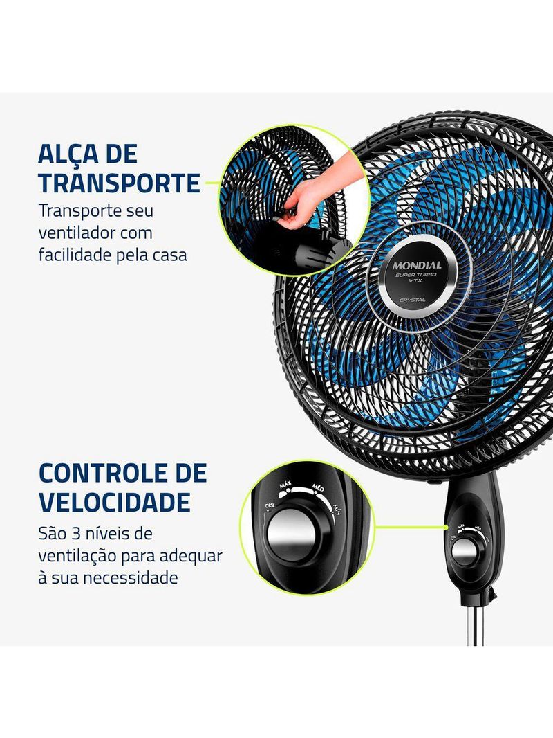 Ventilador De Coluna Mondial 40cm Super Turbo 8 Pás VTX-40C-Crystal Preto Azul 220V
