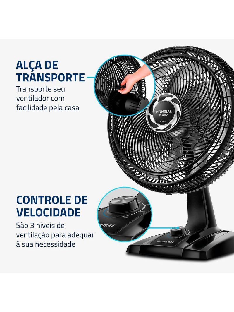 Ventilador De Mesa Mondial 40cm 8 Pás Turbo NVT-40-8P-B Preto Prata 220V