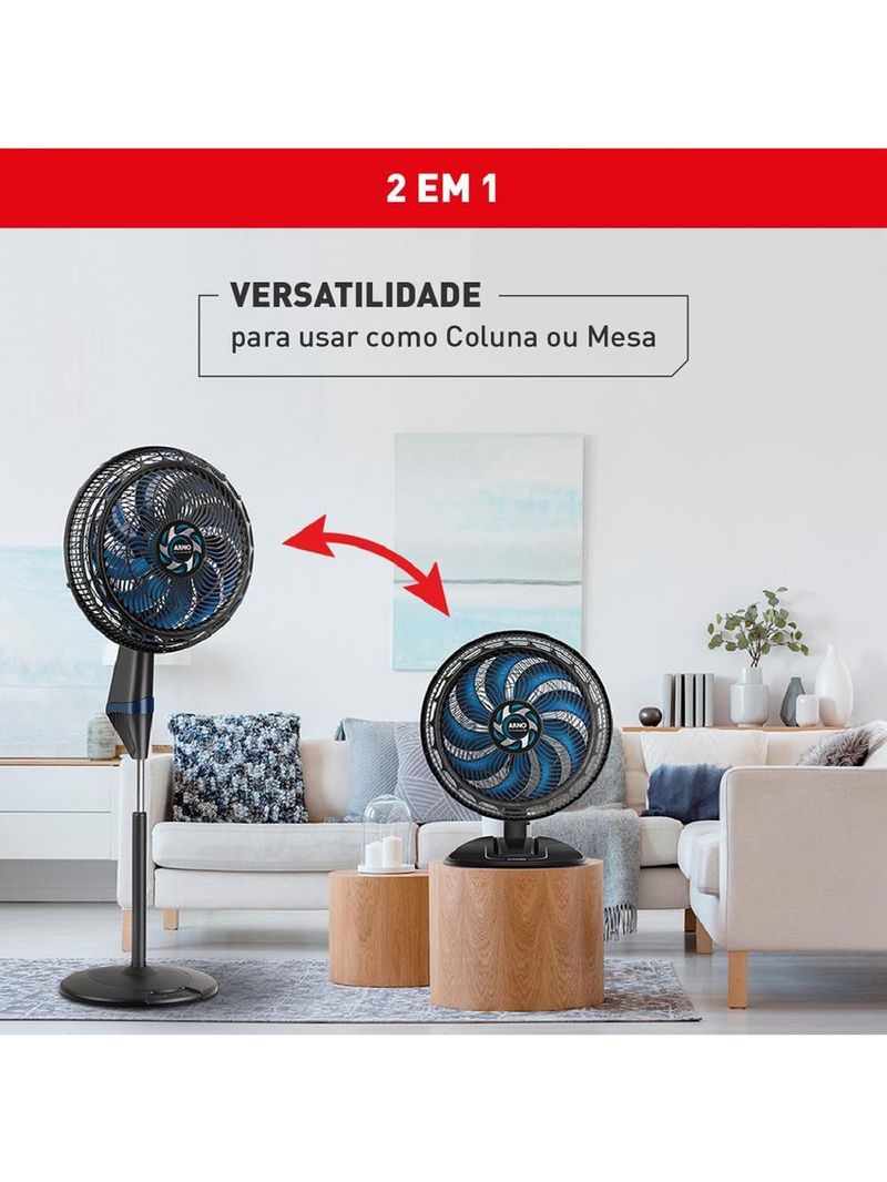 Ventilador de coluna arno force repel ve9r 40cm com 9 pás, 3 velocidades e 160w – preto / azul