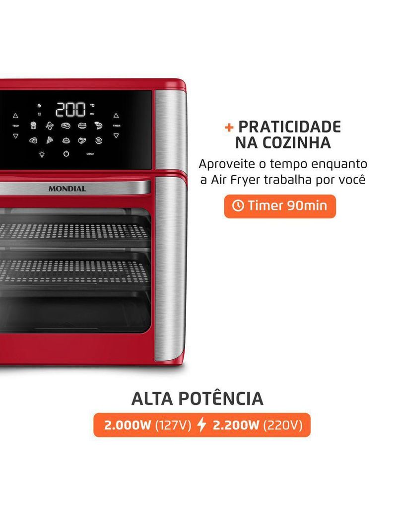 Fritadeira Air Fryer Forno Oven Mondial Vermelho e Inox 2200W 12L AFON-12L-RI 220V