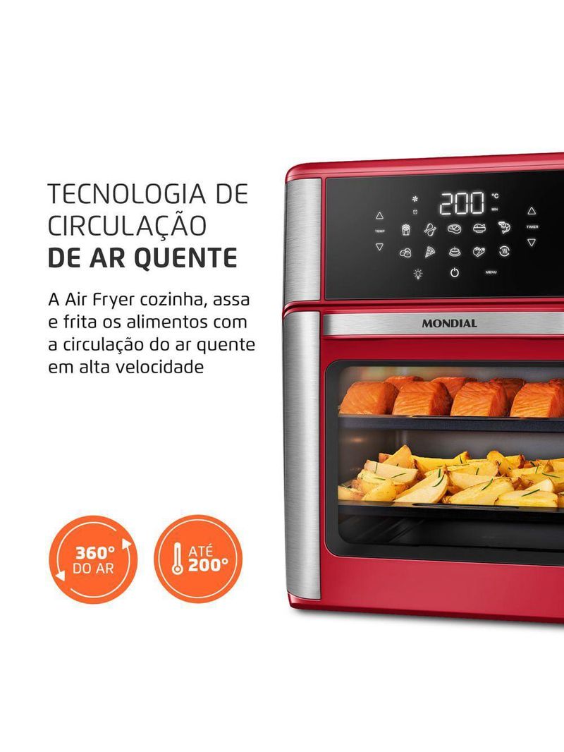 Fritadeira Air Fryer Forno Oven Mondial Vermelho e Inox 2200W 12L AFON-12L-RI 220V