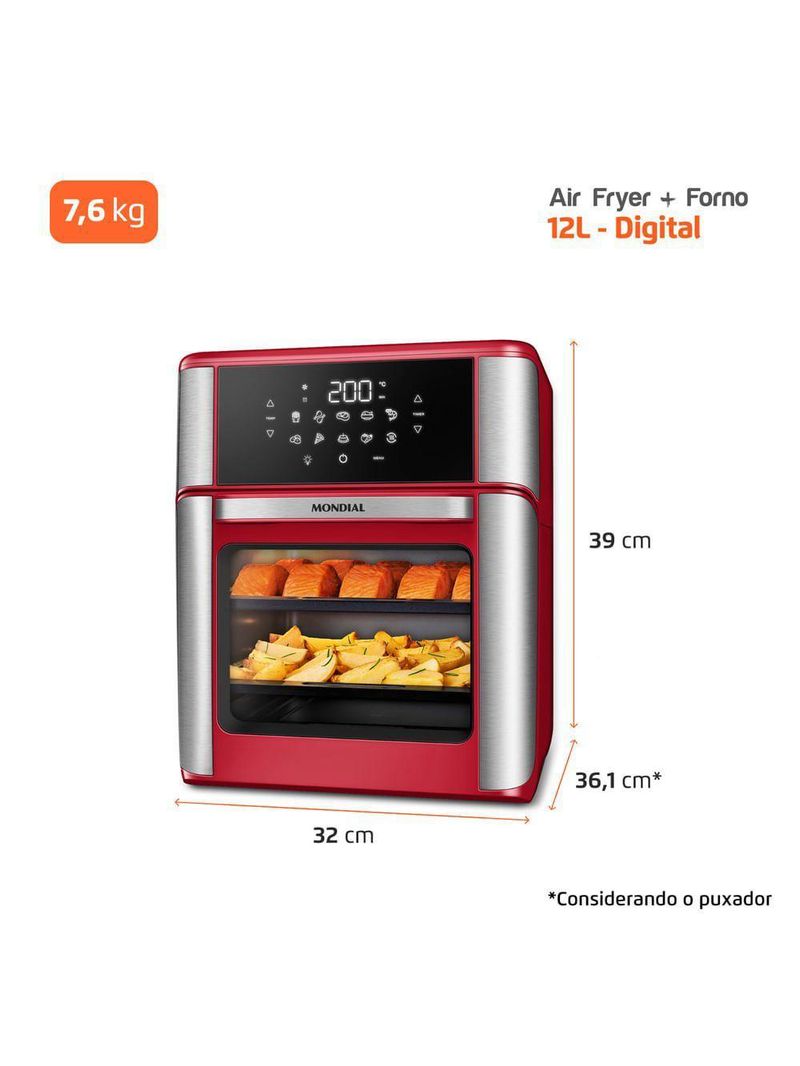 Fritadeira Air Fryer Forno Oven Mondial Vermelho e Inox 2200W 12L AFON-12L-RI 220V