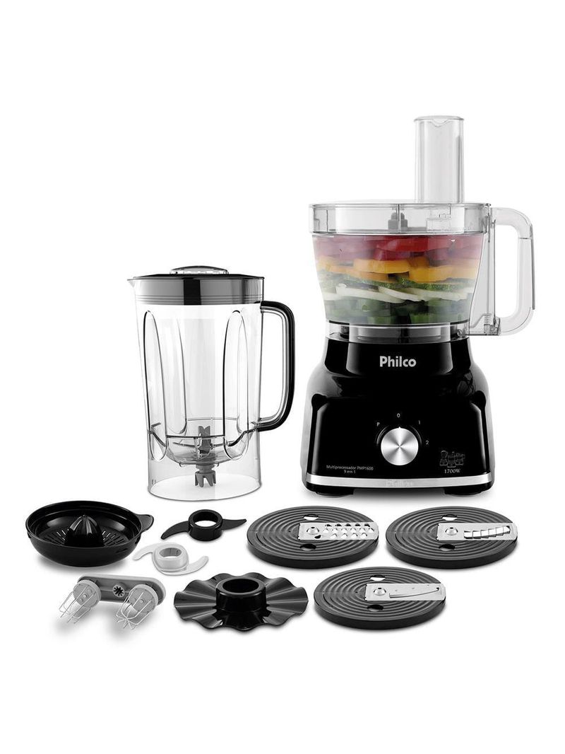 Multiprocessador de alimentos philco pmp1600p 9 em 1 com 2 velocidades + pulsar 1700w – preto