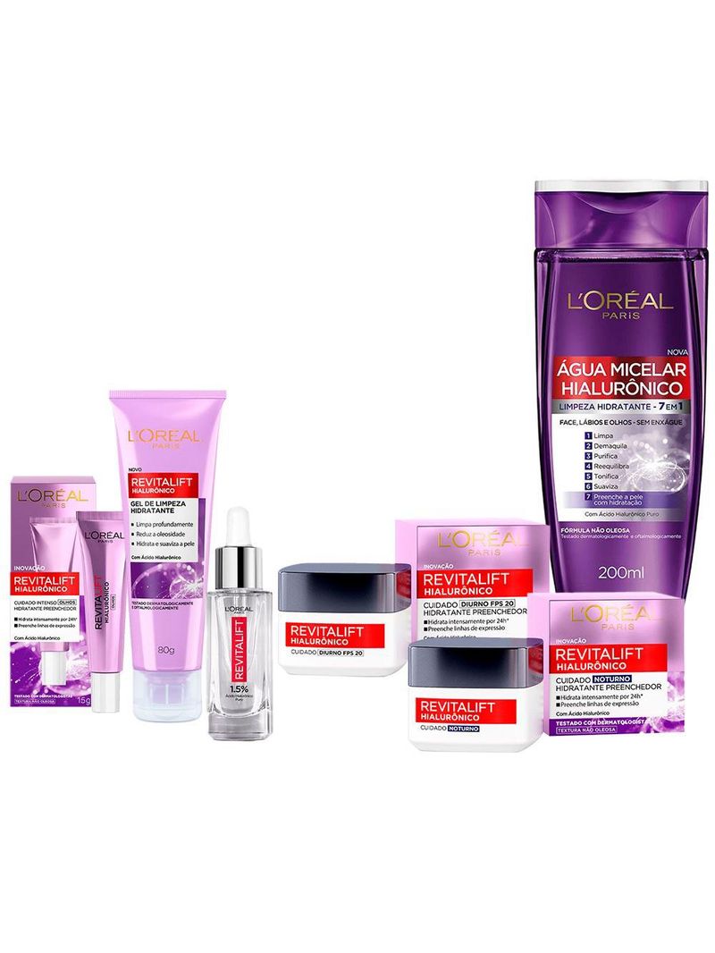 L'oréal paris revitalift hialurônico kit – Água micelar + creme anti-idade noturno + diurno + creme olhos + gel de limpeza + sérum