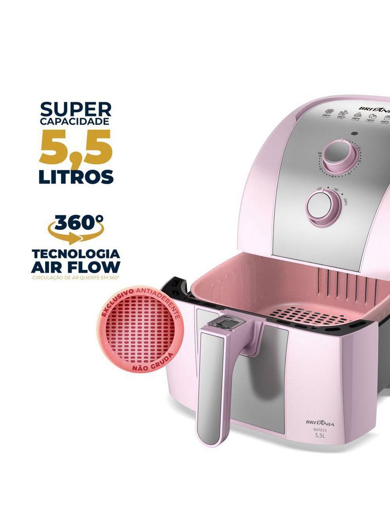 Air Fryer Rosa Britânia 5,5L Sem Óleo 1500W BAFE53 110V