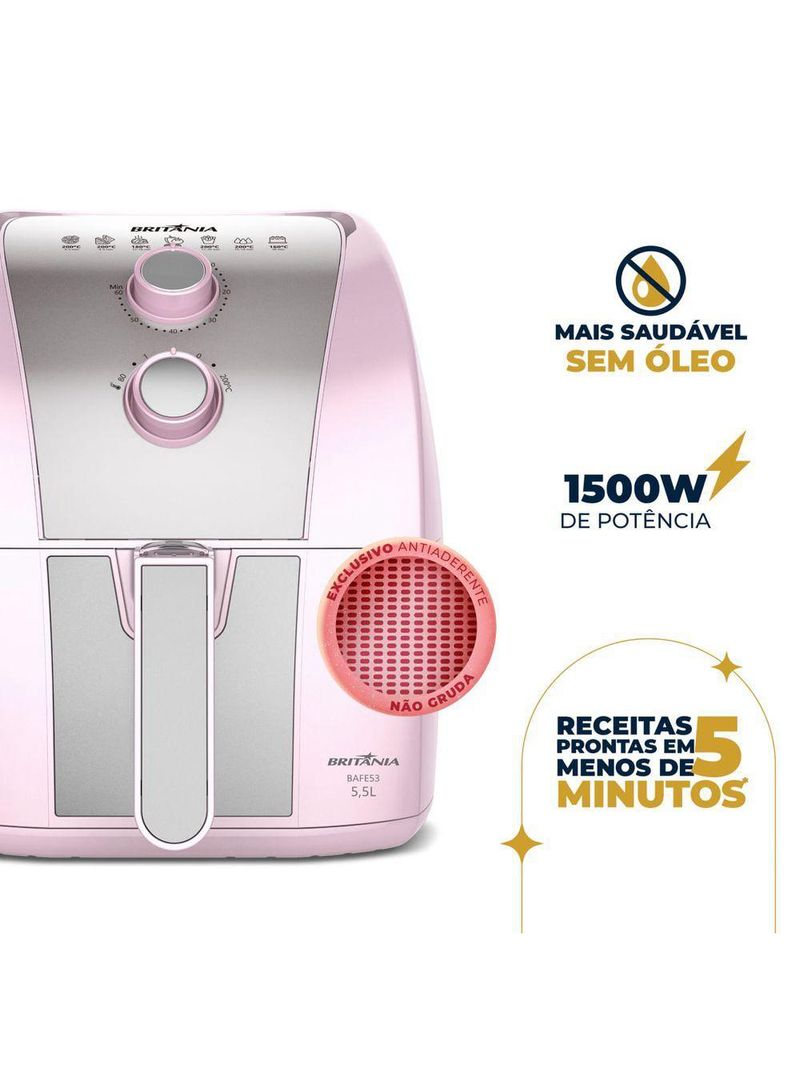 Air Fryer Rosa Britânia 5,5L Sem Óleo 1500W BAFE53 110V