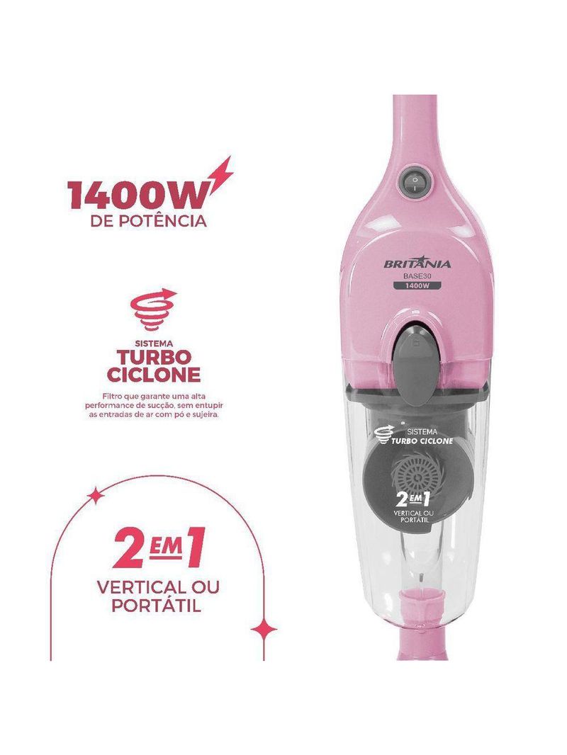 Aspirador de Pó Rosa Vertical Britânia 2 em 1 1400W BASE30 110V