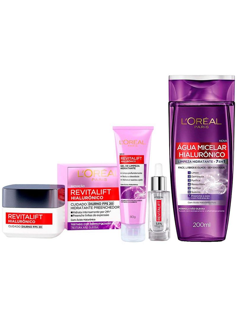 L'oréal paris revitalift hialurônico kit – Água micelar + gel de limpeza + creme anti-idade diurno + sérum