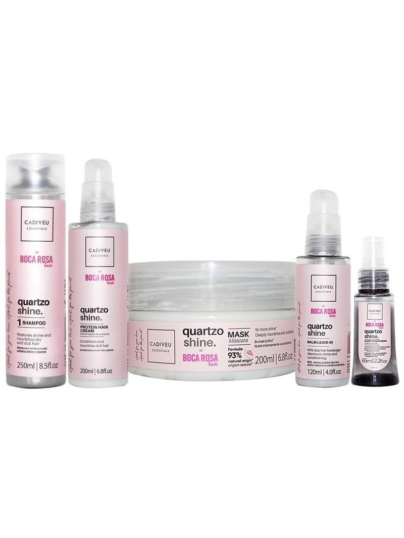 Cadiveu professional quartzo shine by boca rosa hair - kit shampoo + máscara + leave-in + sérum + proteína