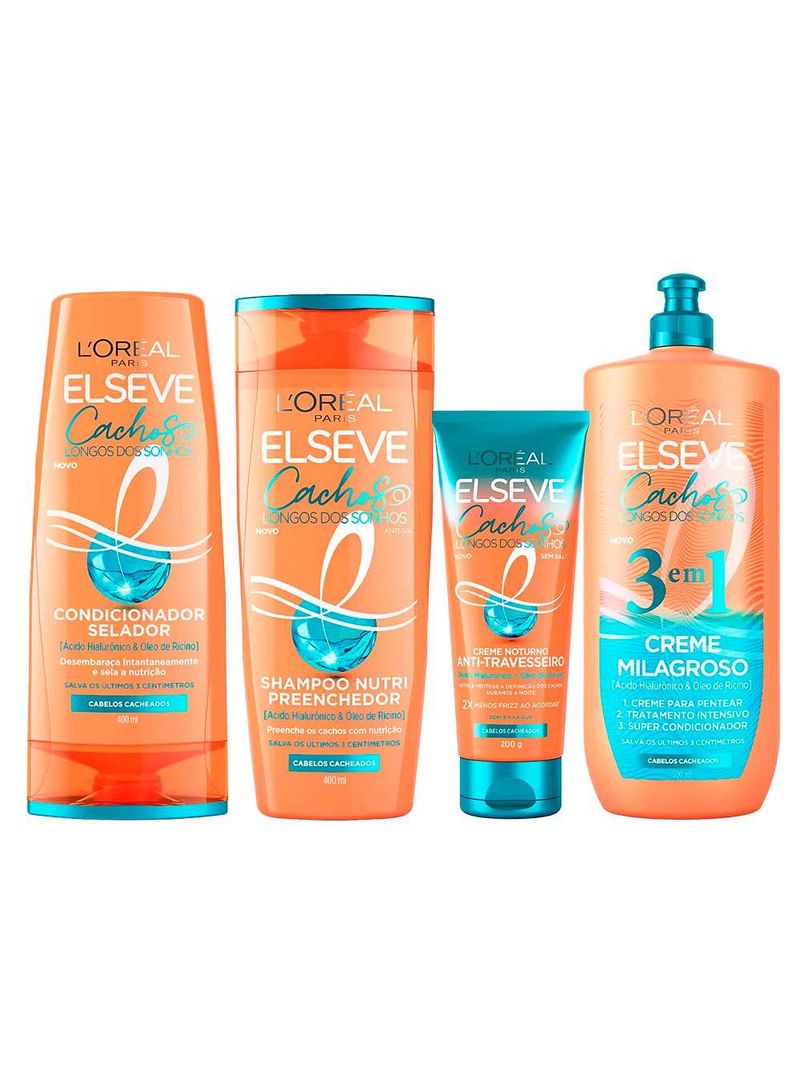 Elseve cachos longos dos sonhos kit - shampoo + condicionador + creme noturno + creme 3 em 1