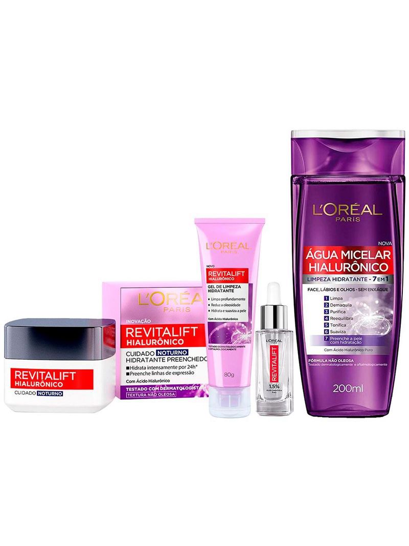 L'oréal paris revitalift hialurônico kit – Água micelar + creme anti-idade noturno + gel de limpeza + sérum