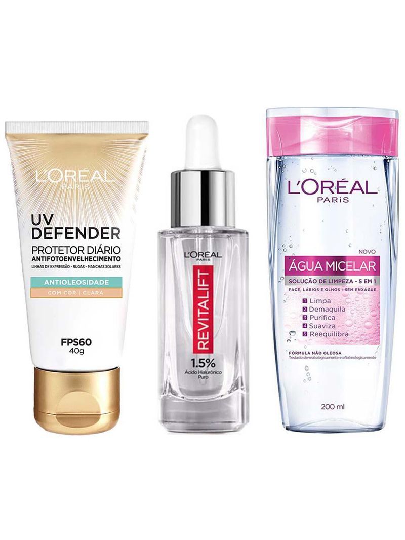 L'oréal paris revitalift uv defender kit – Água micelar 5 em 1 + sérum + protetor solar uv defender fps 60 cor clara