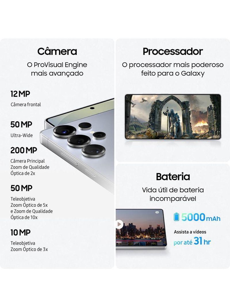 Smartphone samsung galaxy s25 ultra titânio preto 256gb, tela 69", 12gb ram, ai inteligência artificial, ip68, s-pen, snapdragon 8 elite e 4 câmeras