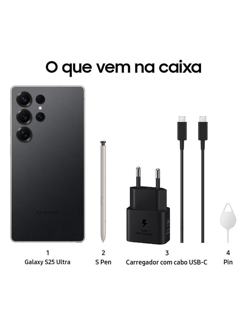 Smartphone samsung galaxy s25 ultra titânio preto 256gb, tela 69", 12gb ram, ai inteligência artificial, ip68, s-pen, snapdragon 8 elite e 4 câmeras
