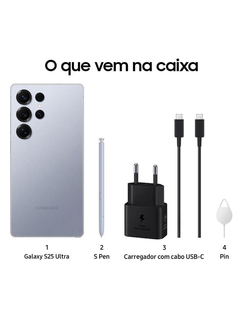 Smartphone samsung galaxy s25 ultra titânio azul 256gb, tela 69", 12gb ram, ai inteligência artificial, ip68, s-pen, snapdragon 8 elite e 4 câmeras