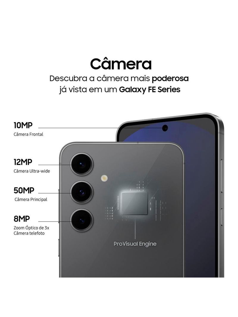 Smartphone samsung galaxy s24 fe 5g cinza 128gb, 8gb ram, galaxy ai, câmera traseira 50mp, tela 67" 60-120hz, ip68 e processador exynos 2400e