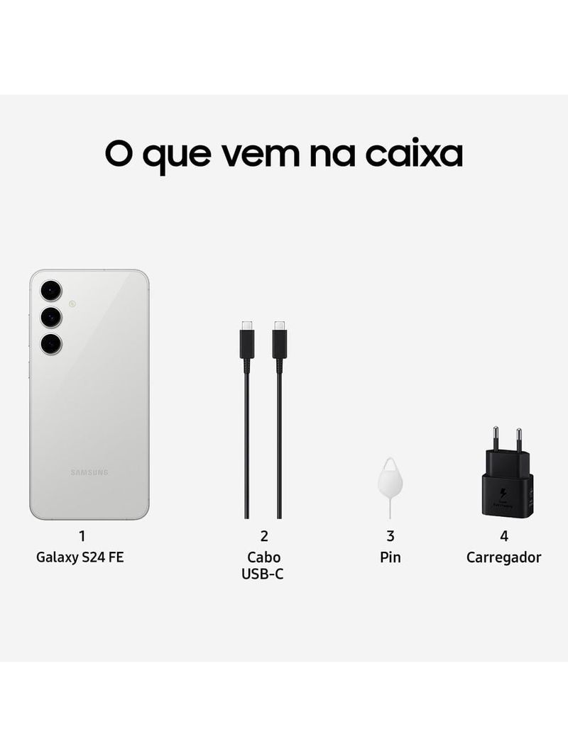 Smartphone samsung galaxy s24 fe 5g cinza 128gb, 8gb ram, galaxy ai, câmera traseira 50mp, tela 67" 60-120hz, ip68 e processador exynos 2400e