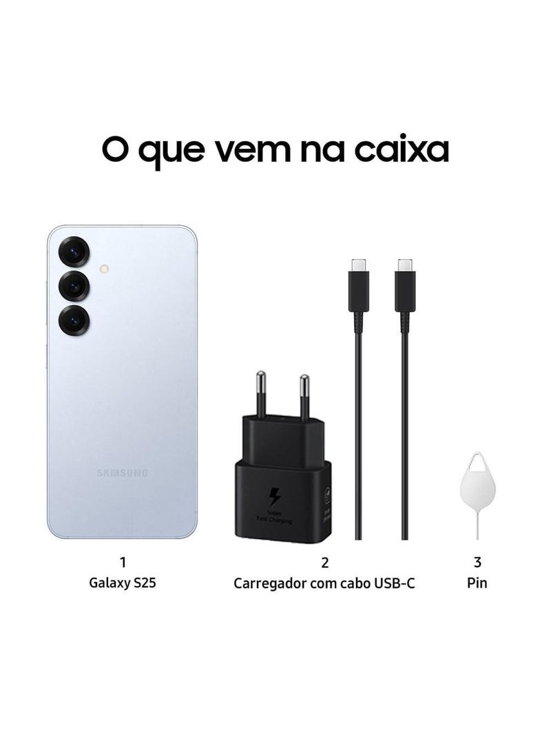 Smartphone samsung galaxy s25 5g azul 256gb, tela de 62", 12gb ram, ai inteligência artificial, ip68, processador snapdragon 8 elite e câmera tripla