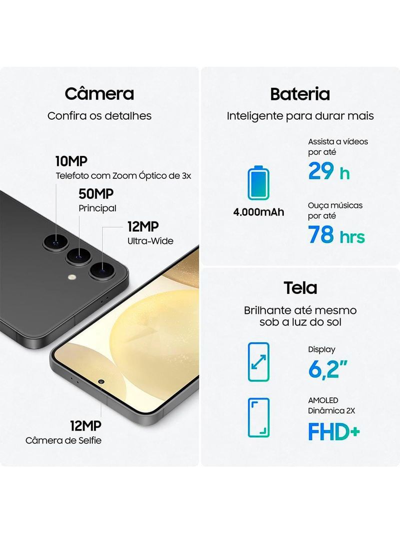 Smartphone samsung galaxy s24 5g preto 128gb, tela 62”, 8gb ram, inteligência artificial, ip68, processador exynos 2400, câmera tripla traseira